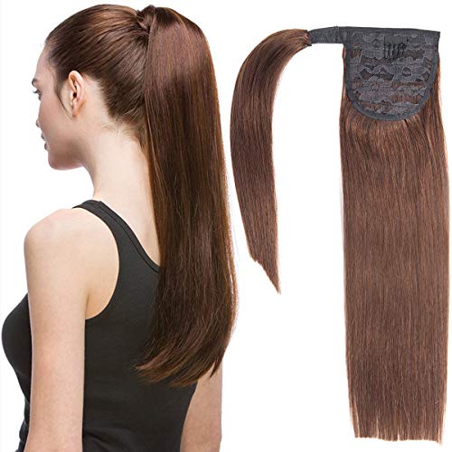Clip in Ponytail Extension Wrap Around Long Straight Pony Tail Hair 14 Inch Human Hair Hairpiece 60g Dark Brown