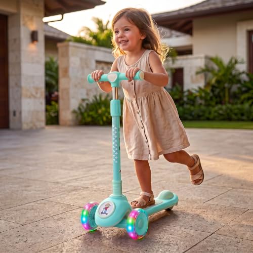 Image of Baybee Rydelle 3 Wheel Kick Scooter for Kids with LED Light Up Wheels & Music | Foldable, 3 Height Adjustable Kid Scooter Handle & Brake | Runner Scooters for Kids 2 to 10 Years Boys Girls (Blue)