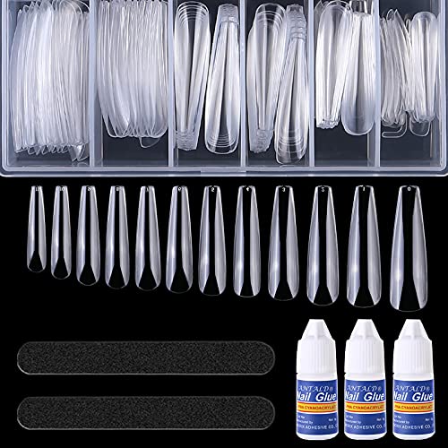 bigboxbox Clear Nail Tips, 240pcs XL Acrylic Nail Tips Extra Long Nail Tips, Ballerina Full Cover Long Nails with 2pcs Nail Files, 3pcs Nail Glue