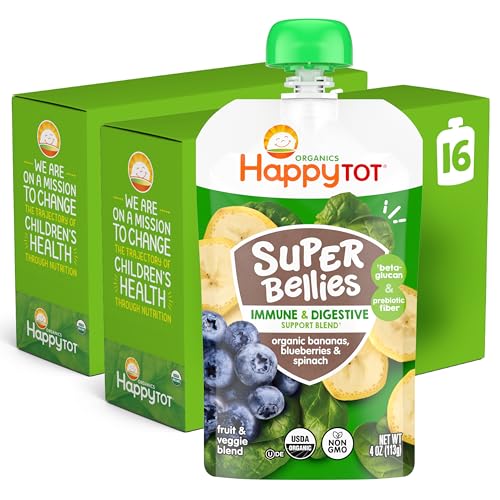 HAPPYTOT Organics Stage 4 Baby Food Pouches, Gluten Free, Vegan Snack, Super Bellies, Fruit & Veggie...