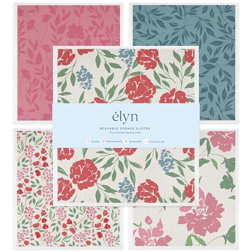 ELYN Swedish Dishcloths Reusable & Washable Sponge Cloths Absorbent Cleaning Paper Towels for Kitchen Dishes Counters and More 5 Pack Assorted Soft Botanical Patterns