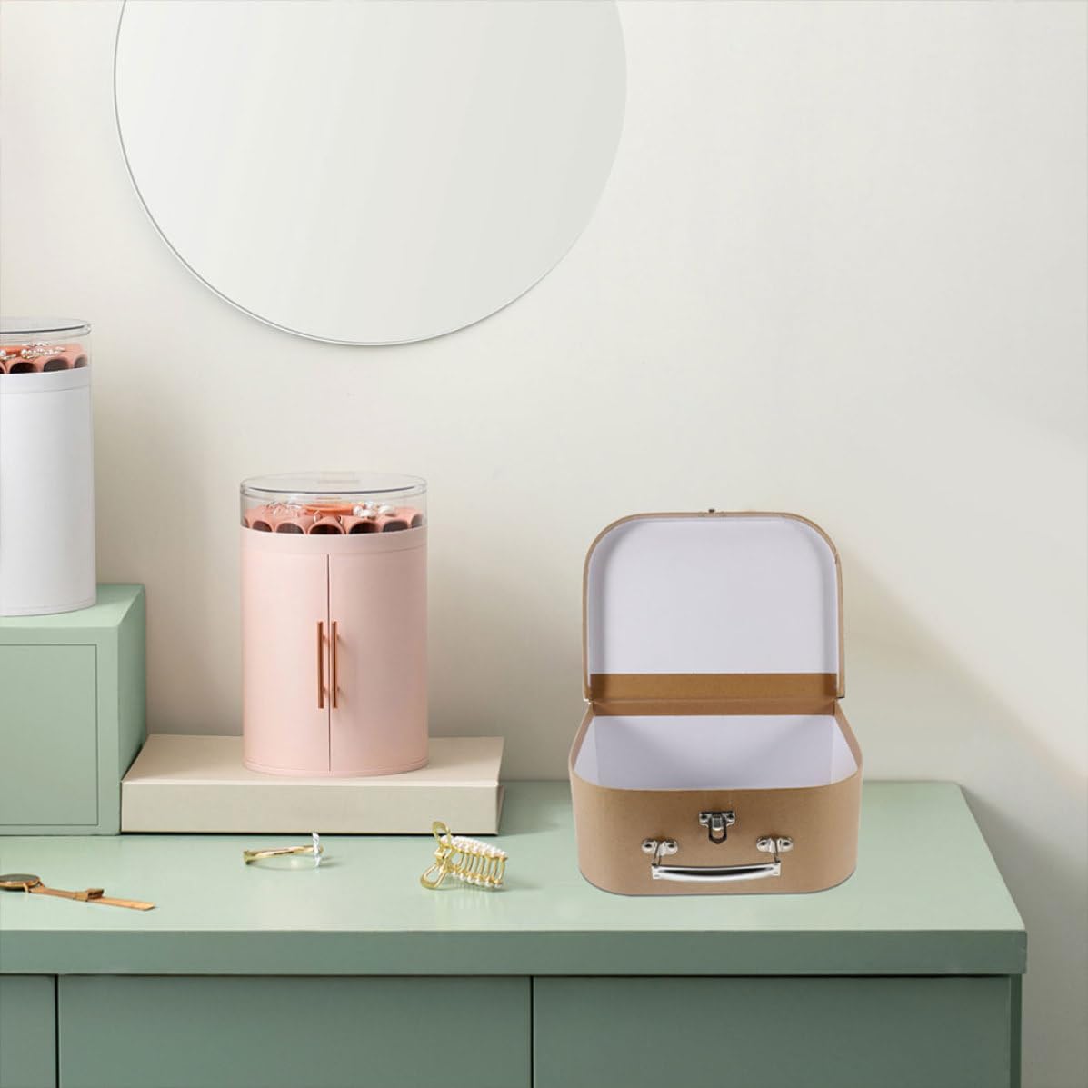 Set 2 Scatole Portaoggetti in Carta Kraft con Manico, Facili da Aprire e Chiudere, per Gioielli e Piccoli Oggetti, Decorazione Raffinata per Comodino