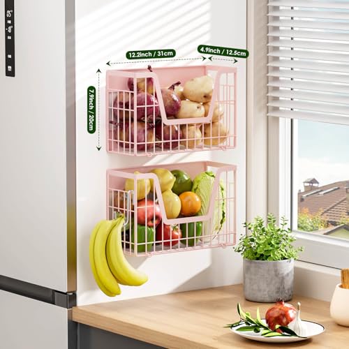 Image of Pink Magnetic Shelf for Fridge, 2 Set Magnetic Fruit Baskets for Refrigerator Magnet Shelves, Potato and Onion Storage Bins, Magnet Holder Wire Basket for Laundry Room Pantry Kitchen Organizer