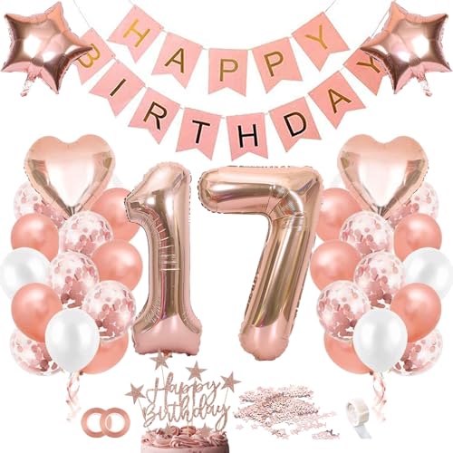 TOPHOPE Luftballon 17. Geburtstag Roségold Folienballon Luftballon Zahlen Geburtstagsdeko 17 Jahr Riesen Folienballon Zahl 17 Ballon 17 Deko zum Geburtstag Roségold Happy Birthday