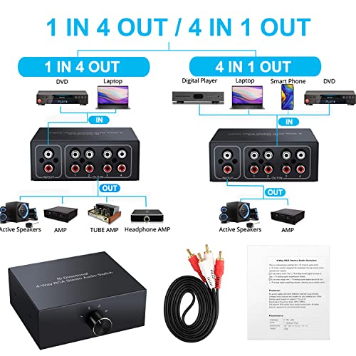 XMSJSIY 4-Way Bi-Directional L/R RCA Stereo Audio Switcher, 1 in 4 Out or 4 in 1 Out - Image 3