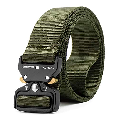 FAIRWIN Tactical Belt, Military Style Webbing Riggers Web Belt Heavy-Duty Quick-Release Metal Buckle (Green, S 30"-36")