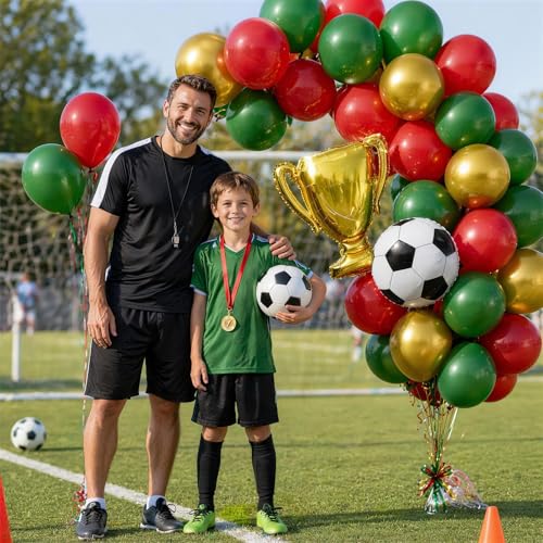 Image of Red and Green Soccer Balloons, 12 Inch Green and Gold Soccer Balloons with 22 inch Soccer Foil Ball Gold Trophy Balloon for Boys Men Sports Theme Birthday Football Game Day Party Decorations Supplies