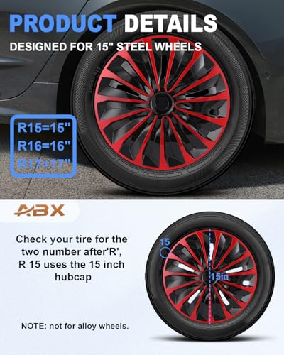 Image of ABX Hubcap Wheel Covers Hub Caps 15 Inch Set of 4 Black & Red Universal Wheel Rim Cover R15 Stylish Car Decor Wheel Covers for Toyota Camry Nissan Mazda (TT Black & Red, 15 inch)