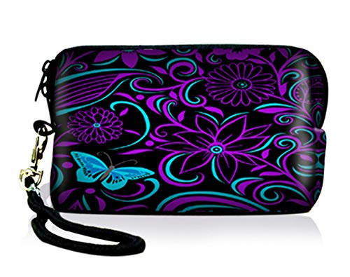 AUPET Purple Blue Flowers Digital Camera Case Bag Pouch Coin Purse with Strap