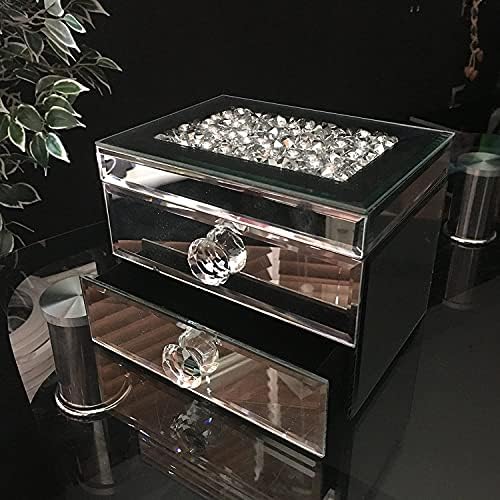 Biznest Glass Silver Mirrored Diamante Crushed Jewels Jewelry Box Mirrored Storage Box 2 Drawer TOP OPEN