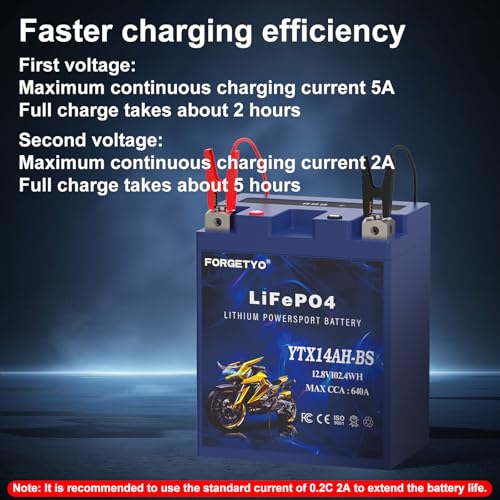 Image of Lithium Motorcycle Battery, Forgetyo YTX14AH-BS 12V 8AH 640A LiFePO4 Lithium Battery, ATV, UTV, Jet Ski Battery