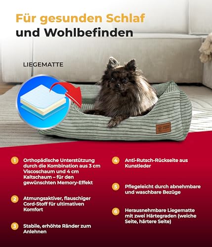 HS-Hundebett® Kuschelbett Deluxe Cord S (60x75 cm) – Orthopädisches Hundebett Grün für mittelgroße Hunde – Memory Foam, waschbar, rutschfest – Made in Germany