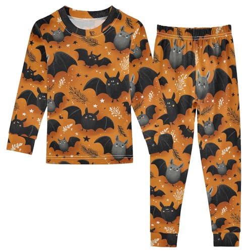 Pajama Sets Long Sleeve Flying Cute Bats on Orange Soft Comfy Sleepwear 2 Piece PJS 3-8T