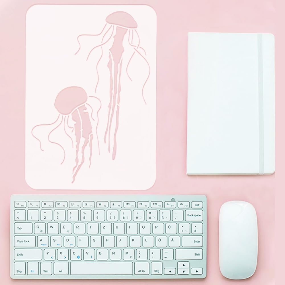 FINGERINSPIRE 4PCS 4 Styles Jellyfish Stencil for Painting 21x29.7cm Reusable Sea Life Stencils Jellyfish Pattern Ocean Theme Stencil for Painting on Wall Wood Canvas Fabric Floor Furniture - Image 3