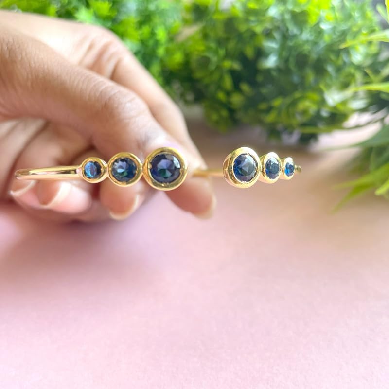 Three Stone Blue Sapphire Cuff Bangle Bracelet for Women, 14K Yellow Gold Finish September Birthstone Sapphire Adjustable Bangle