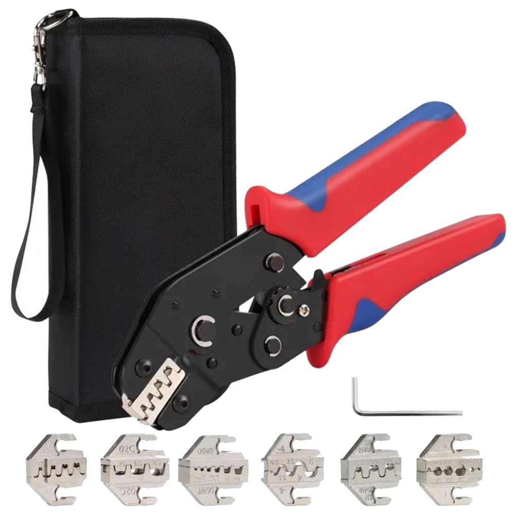 Kit di crimpatura con borsa, pinza crimpatrice con 6 matrici intercambiabili, gamma di crimpatura regolabile, pinza crimpatrice multifunzione per diversi tipi di terminali a crimpare