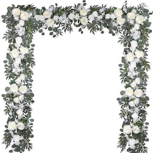 Fomlily 2 Pack Artificial Peony Flower Garland - 6ft Silk Peony Eucalyptus Garland Flower Vine Blue and White Peony Silk Roses Flowers for Wedding Arch Party Table Decor (White) by Fomlily - Used condition - US$29.40