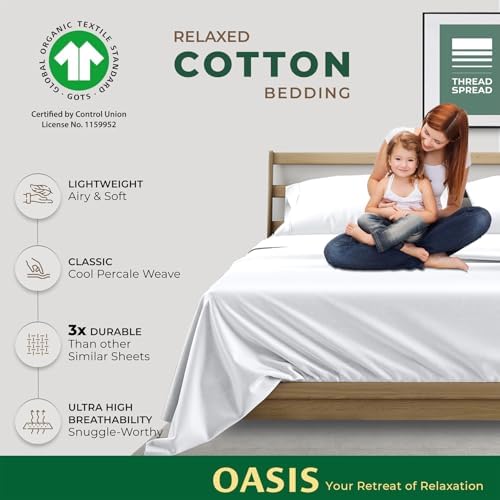 THREAD SPREAD 100% Organic Cotton Sheets - Organic Cotton Percale Weave Sheet Set, Soft, Cooling, Crisp & Breathable, 16" Deep Pocket Hotel Quality Bedding Set - 4 PC, King White