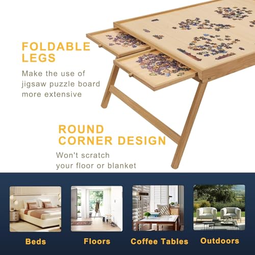TEAKMAMA 1500 Piece Wooden Jigsaw Puzzle Board with 4 Drawers, Folding Puzzle Table with Protective Cover, Jigsaw Board with Legs, Multifunctional Game Table for Adults, 34W x 26.3D, Natural - Thumbnail 4