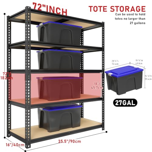 72-H-Heavy-Duty-Garage-Shelving-2400LBS-Capacity-5-Tier-Storage-ShelvesAdjustable-Industrial-Metal-Garage-Shelves-for-Basement-Pantry-Kitchen-Warehouse-16-D-x-36-Wx72-HBlack