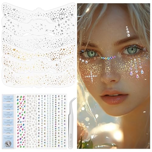 HOSAILY 9 PCS Glitter Freckles Face Tattoo, Gold & Silver Glow up Sparkle Makeup Speckles Patches for Women, Face Gems Jewels Pearl Half Magic Stickers Fairy Mermaid Makeup for Festival Accessories