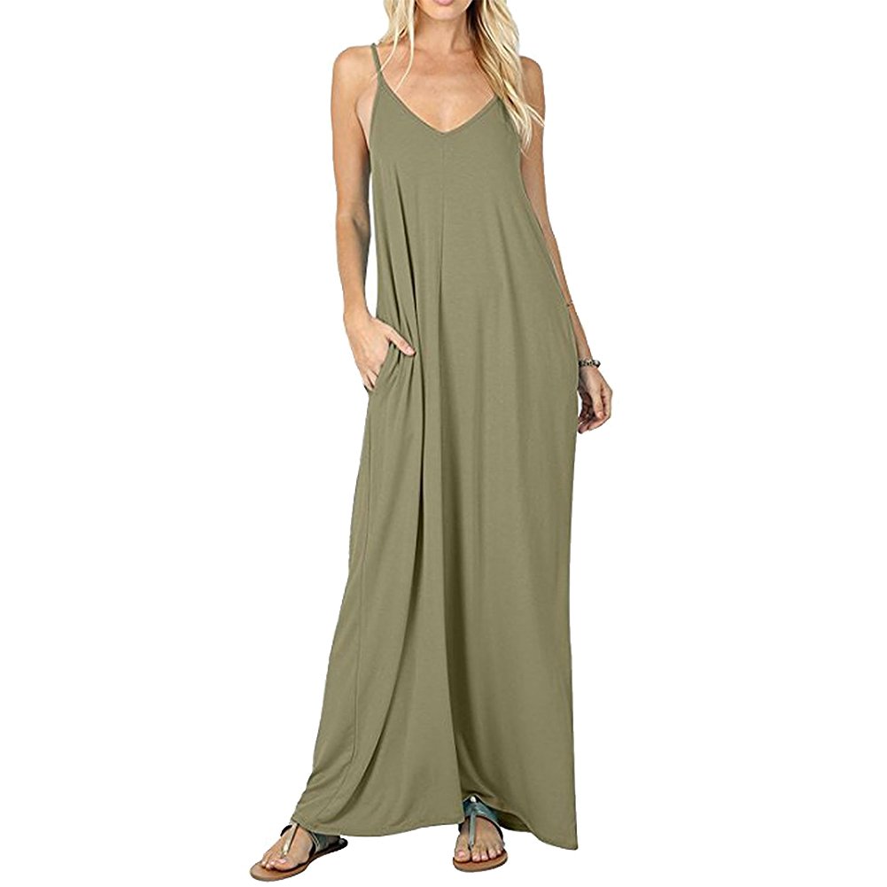 CLANDY Sundresses for Women Plus Size Womens Casual Sleeveless Pockets Loose Beach Maxi Cami Slip Dress ArmyGreen Size XXL