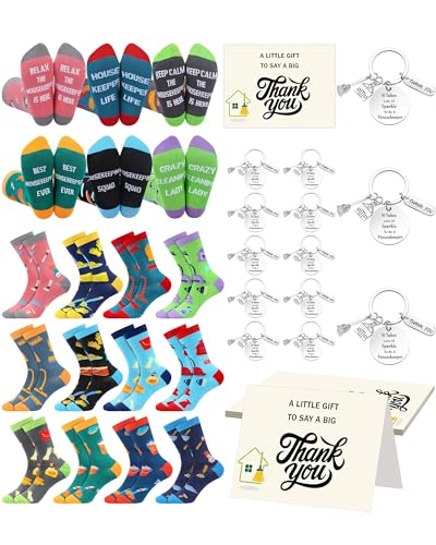 Croloose 36 Pcs Housekeeping Week Gifts Sets Include Novelty Housekeeper Crew Socks Housekeeping Keychains with Thank You Card for International Housekeepers Week Appreciation Favors Supplies