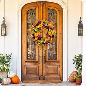 YULETIME 24" Fall Wreath, Artificial Autumn Wreath with Red, Orange, Green Maple Leaves and Orange, Purple, Green-Yellow Pumpkins (Pumpkin & Maple Leaf) YULETIME 24 Fall Wreath Artificial Autumn Wreath with Red Orange Green Maple Leaves and Orange Purple Green Yellow Pumpkins Pumpkin Maple Leaf
