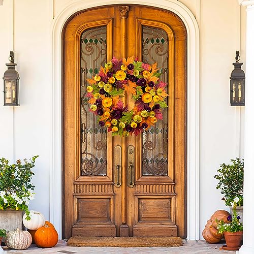 YULETIME-24-Fall-Wreath-Artificial-Autumn-Wreath-with-Red-Orange-Green-Maple-Leaves-and-Orange-Purple-Green-Yellow-Pumpkins-Pumpkin-Maple-Leaf YULETIME 24 Fall Wreath Artificial Autumn Wreath with Red Orange Green Maple Leaves and Orange Purple Green Yellow Pumpkins Pumpkin Maple Leaf