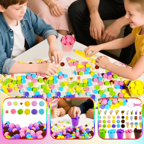 Image of Bbiamsleep 262 Pcs Summer Ice Cream Sensory Bin Filler Fine Motor Skills Summer Ice Cream Sensory Bin Items Counting Sorting 180 Pom Poms Decorations for Summer Sorting Counting Training