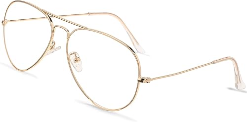Gafas de aviador clásicas para mujeres y hombres, marco de metal retro, lentes transparentes sin receta, 2.283 in