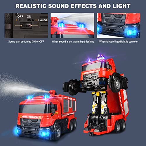 Hodlvant Fire Truck Car Transforming Robot Car Fire Rescue Toy RC Truck Transport Car for Age 4-12, Toy Fire Engine Remote Control Play Vehicle for Kid Boys Xmas Birthday Easter Gift