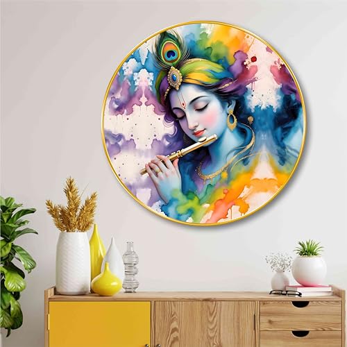 Image of SAF Colorful Lord Krishna with Flute Wall Painting - Spiritual Round Golden Frame Artwork | Hindu Religious Decor for Living Room, Bedroom, Pooja Room | Divine Indian Art (16 X 16 Inch) GRM-291