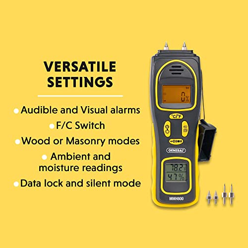 General Tools Moisture Meter, Pin Type or Pinless, Temperature & Humidity (MMH800)