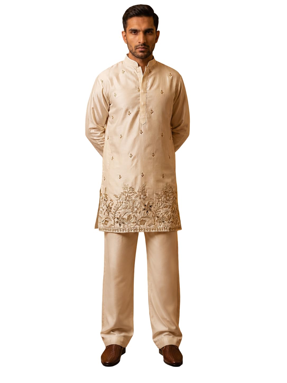 Silk Blend Embroidered Kurta & Korean Pants Set-image-45