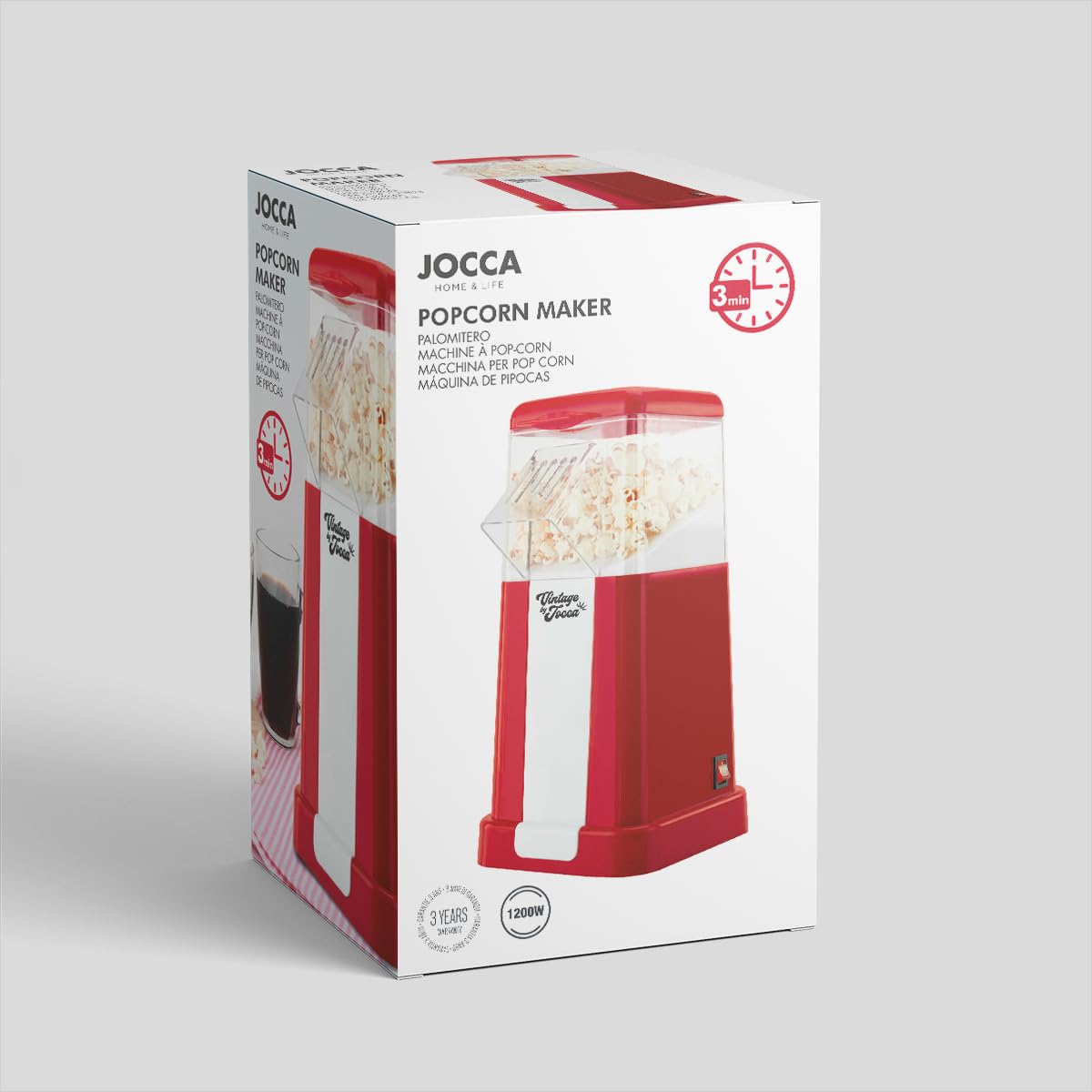 Jocca, Macchina per Popcorn 1500W, Senza Olio, Pronta in 3 Minuti, Capacità 280ml, Design Compatto