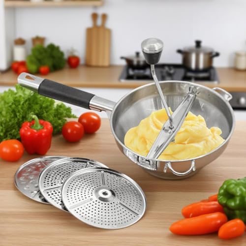 Molinillo de acero inoxidable con 3 discos de fresado | Molinillo para sopa, mermelada y salsas | Molinillo grande para salsa de tomate, compota de manzana, puré, puré de patatas, mermelada, comida