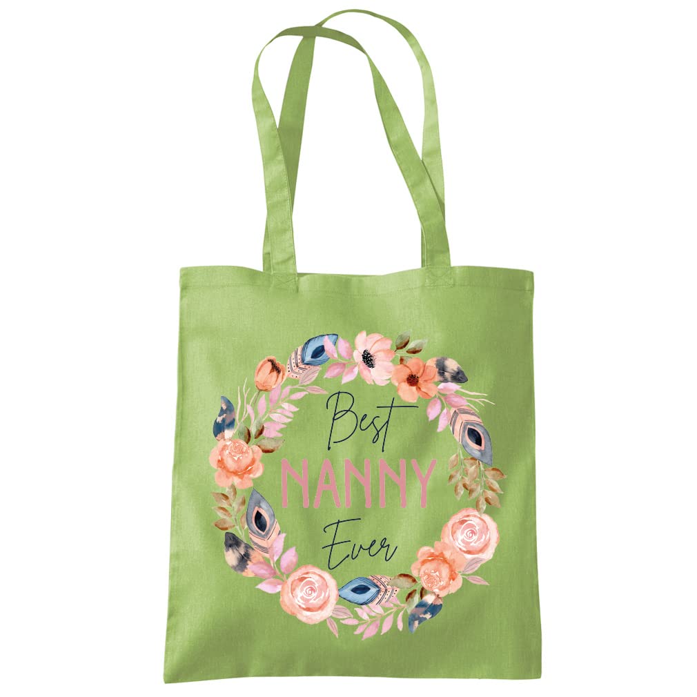 HotScamp Best Nanny Ever Flower Wreath - Tote Shopping Bag - Mother's Day Grandmother Grandma Nan One size kiwi green