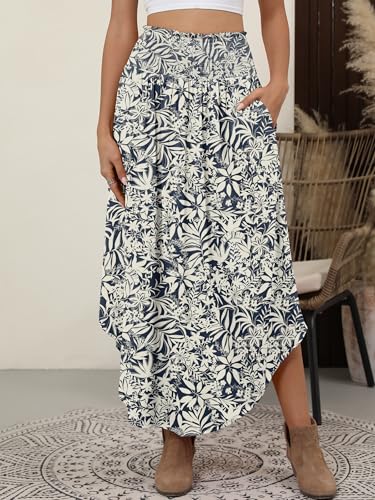 Image of ANRABESS Women's Maxi Skirts Summer Boho Floral High Waisted Flowy Swing Pleated Beach Long Skirt with Pockets