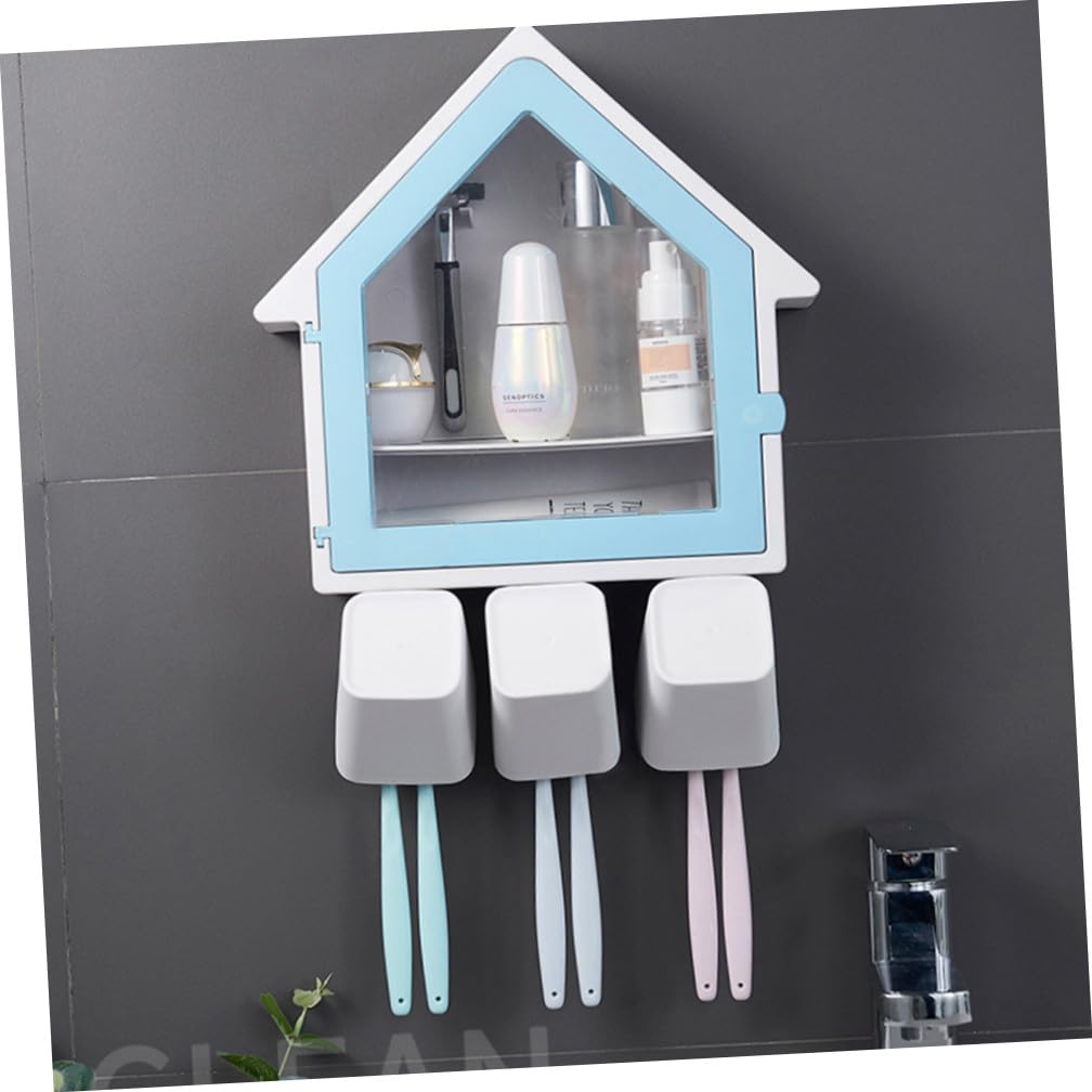 Portaspazzolino a Forma di Casa Blu, Supporto Bagno Abs Pp | 34x27cm, Due Posti per Spazzolini e Tazza, Fissaggio senza Fori, Design Drenante