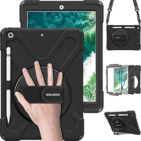 BRAECN iPad 9.7 2018/2017 Case, iPad 6th/5th Generation, Heavy Duty Shockproof Rugged Case with Pencil Holder, Shoulder Strap & Rotating Hand Strap/Stand for iPad Case A1893/A1954/A1822/A1823 -Black Cover