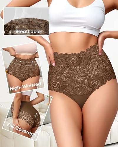 Image of Women's High Waisted Underwear Ladies Lace Sexy Panties Breathable Soft Stretch 4 Pack Full Coverage