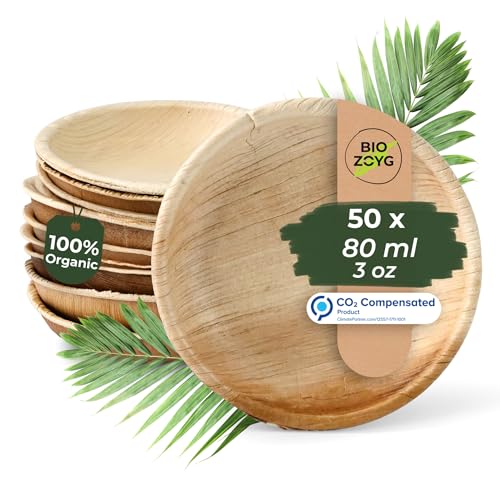BIOZOYG Palmware - Set Cuencos Snacks I 50 piezas orgánicas desechables de 80ml, Ø10cm I Party vajilla compostable y biodegradable I hojas Palma vajilla desechable para Fingerfood Dips buffet