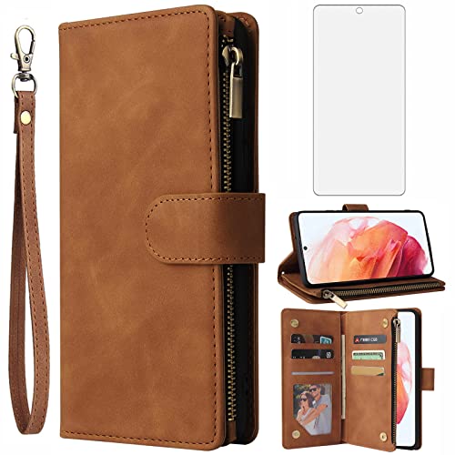 Étui portefeuille Samsung S22 5G Asuwish en cuir marron avec fentes cartes