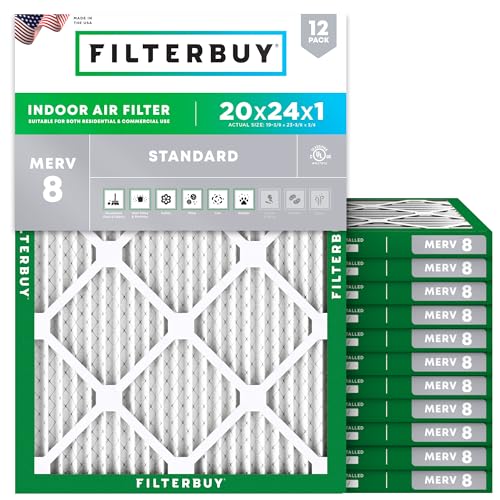 Filterbuy 20x24x1 Air Filter MERV 8 Essential Dust & Allergy Defense (12-Pack) Electrostatic Pleated HVAC AC Furnace Filters Replacement Made in USA (Actual Size: 19.38 x 23.38 x 0.75)