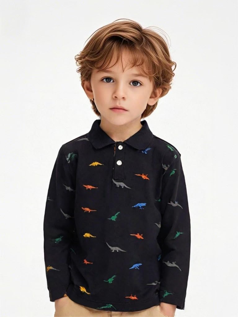 Fashion Boys Turndown Collar Dino Printed Polo Shirt