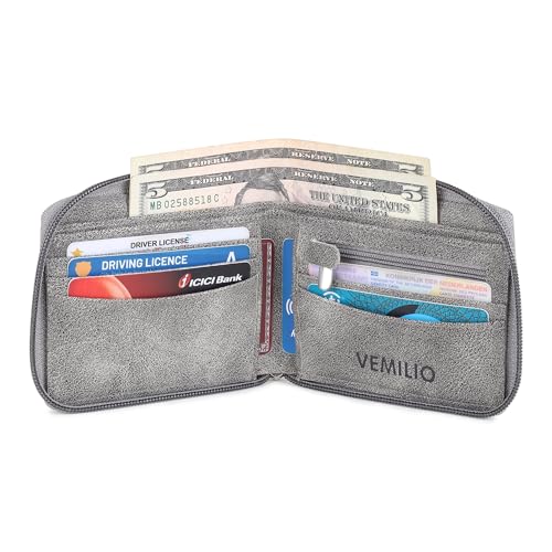 Image of VEMILIO Denim Chain Wallet for Men & Women- Rounded Design with 5 Card Slots | 2 Secret Compartments | 2 Cash Pockets | Zipper Coin Pocket (Grey)