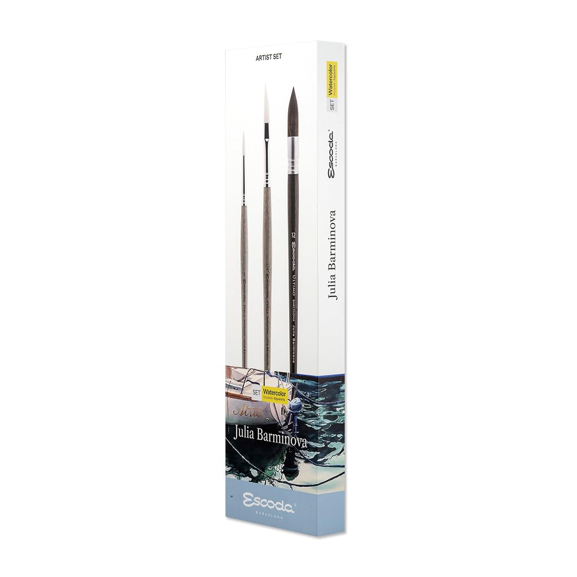Escoda Signature Artist Watercolor Paint Brush Set, Julia Barminova Set #1, Includes Ultimo (Synthetic Squirrel) Mop Size 12, Prado Round Size 6 and Prado (Synthetic Sable) Dagger Striper Size 1/4