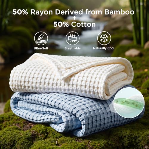 Image of Bedsure Cooling Cotton Waffle Twin XL Blanket - Lightweight Breathable Blanket of Rayon Derived from Bamboo for Hot Sleepers, Luxury Throws for Bed, Couch and Sofa, Sky Blue, 66x90 Inches