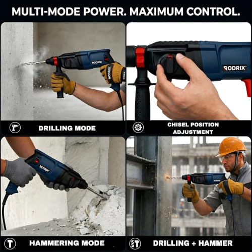 Image of RODRIX RD26 Rotary Hammer Drill Machine, 1600W Copper Motor, 1100 RPM, 4900 BPM, 26mm SDS Plus Chuck, 3 Modes, Forward & Reverse Function, Drill Bits & Chisels Included, 6 Months Warranty